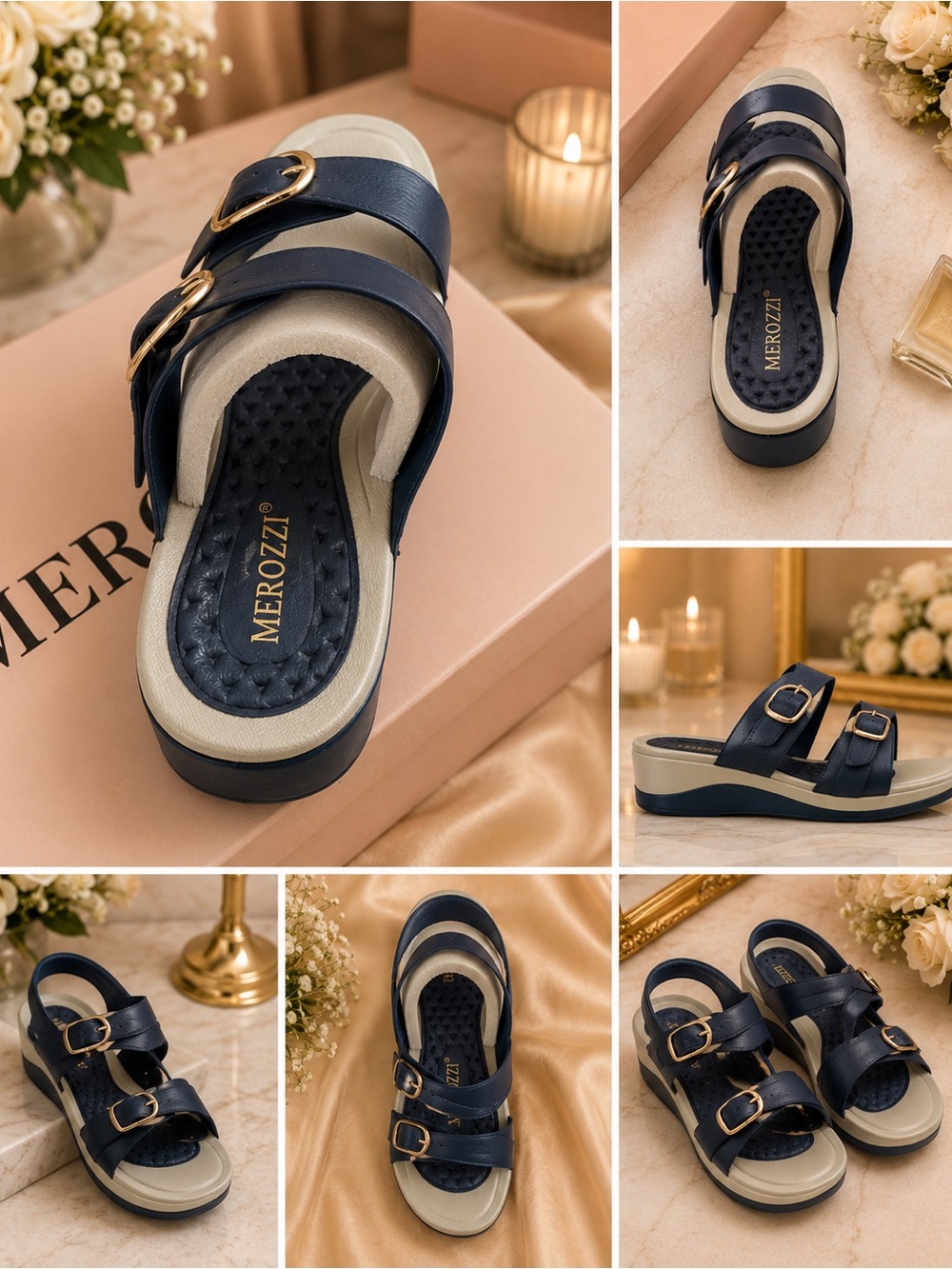 Women's Navy Blue Double-Buckle Slide Sandals
